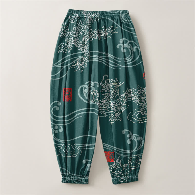 Buddha Stones Pantalones harem para hombre de algodón puro con estampado étnico de dragón, cordón ajustable y bolsillos. - image 8