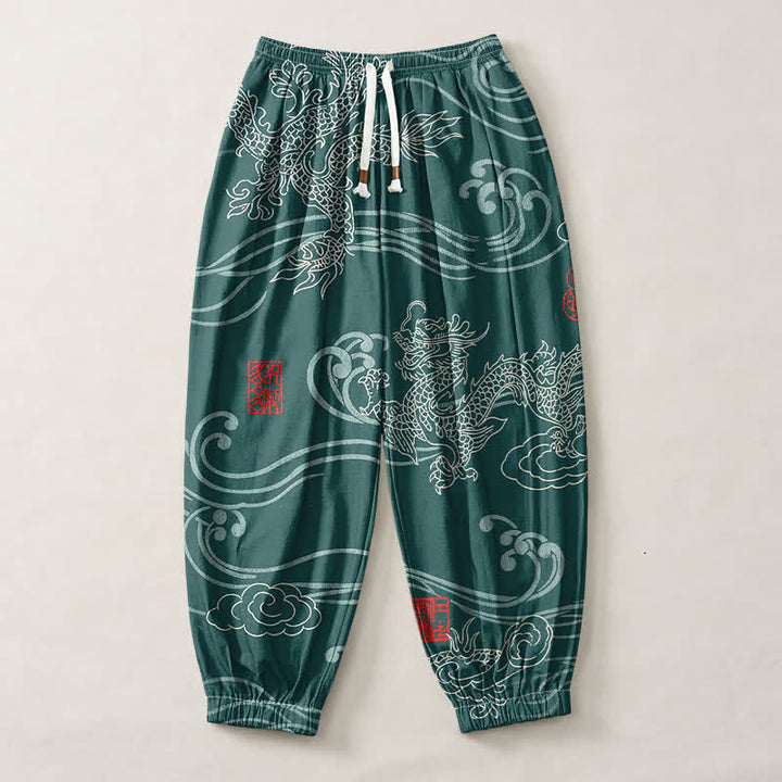 Buddha Stones Pantalones harem para hombre de algodón puro con estampado étnico de dragón, cordón ajustable y bolsillos. - image 7