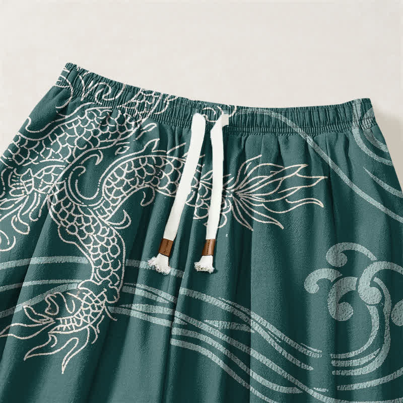 Buddha Stones Pantalones harem para hombre de algodón puro con estampado étnico de dragón, cordón ajustable y bolsillos. - image 9