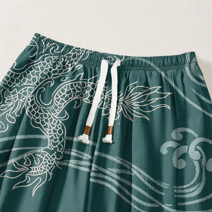 Buddha Stones Pantalones harem para hombre de algodón puro con estampado étnico de dragón, cordón ajustable y bolsillos. - image 9