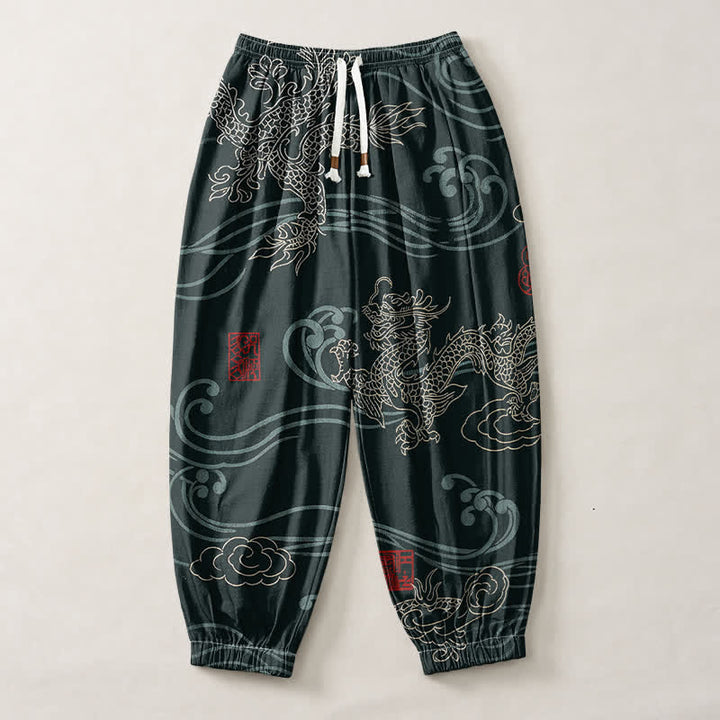 Buddha Stones Pantalones harem para hombre de algodón puro con estampado étnico de dragón, cordón ajustable y bolsillos. - image 13