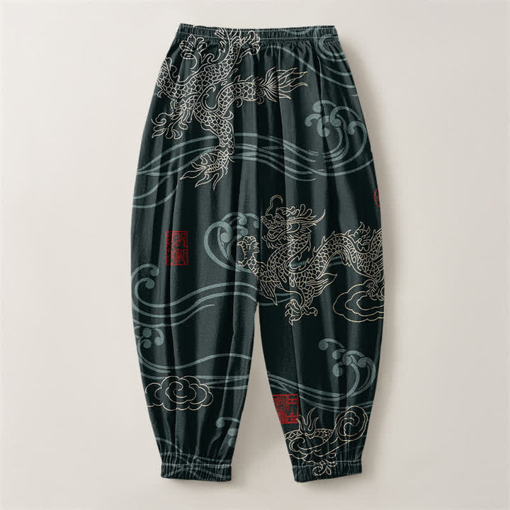 Buddha Stones Pantalones harem para hombre de algodón puro con estampado étnico de dragón, cordón ajustable y bolsillos. - image 14