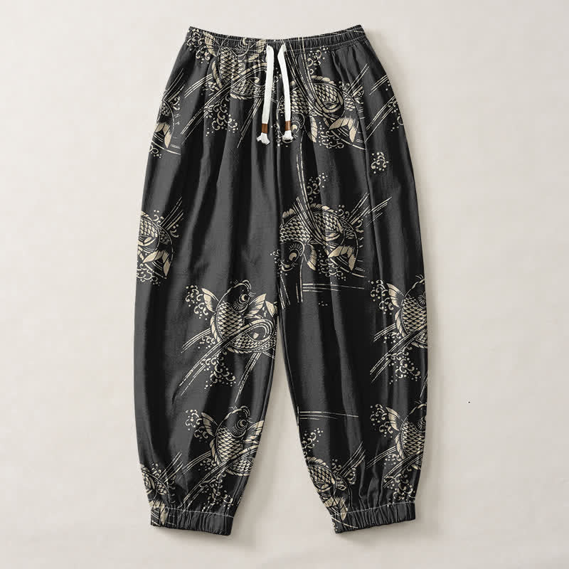 Buddha Stones Pantalones harem para hombre de algodón puro con estampado de peces koi, cordón ajustable y bolsillos. - image 1