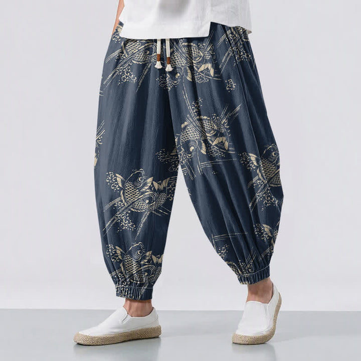 Buddha Stones Pantalones harem para hombre de algodón puro con estampado de peces koi, cordón ajustable y bolsillos. - Marina de guerra - US/UK/AU50, EU60 (5XL) - image 6