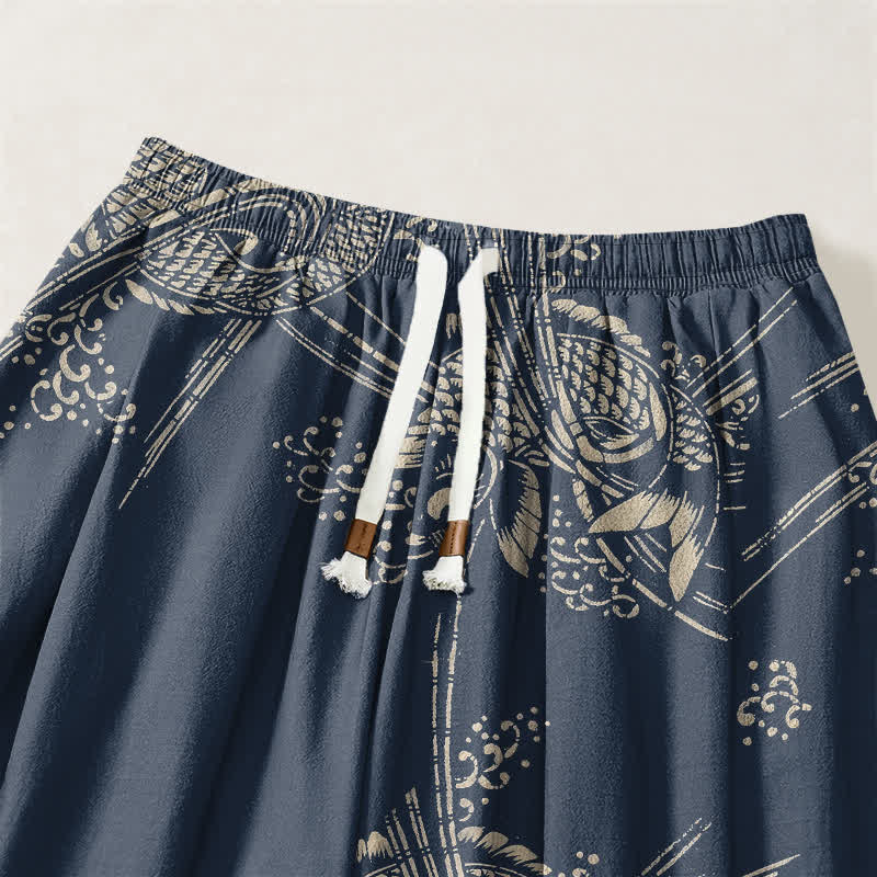 Buddha Stones Pantalones harem para hombre de algodón puro con estampado de peces koi, cordón ajustable y bolsillos. - image 9