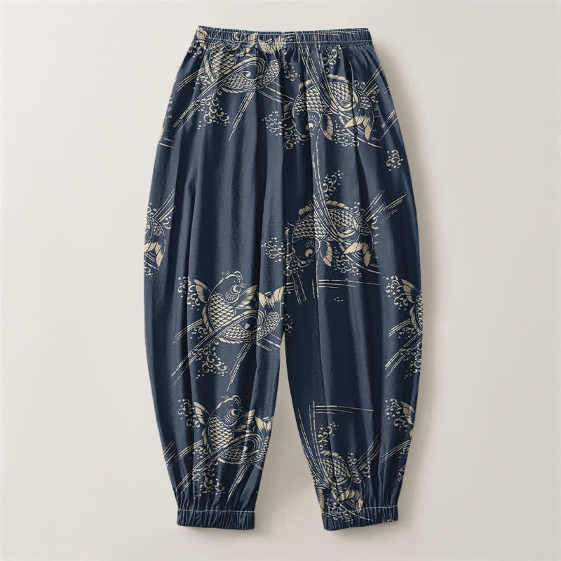 Buddha Stones Pantalones harem para hombre de algodón puro con estampado de peces koi, cordón ajustable y bolsillos. - image 8