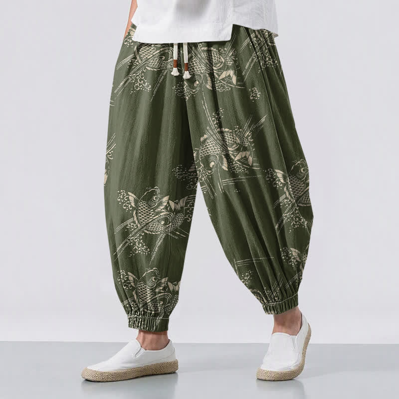 Buddha Stones Pantalones harem para hombre de algodón puro con estampado de peces koi, cordón ajustable y bolsillos. - Verde oliva oscuro - US/UK/AU50, EU60 (5XL) - image 12