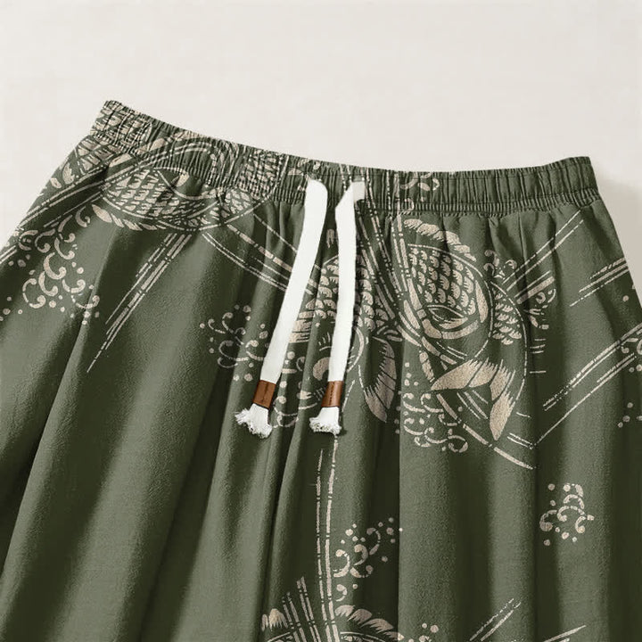 Buddha Stones Pantalones harem para hombre de algodón puro con estampado de peces koi, cordón ajustable y bolsillos. - image 15