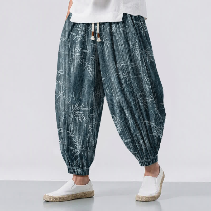 Buddha Stones Pantalones harem para hombre de algodón puro con estampado de bambú zen, cordón ajustable y bolsillos. - Verde mar claro - US/UK/AU50, EU60 (5XL) - image 0