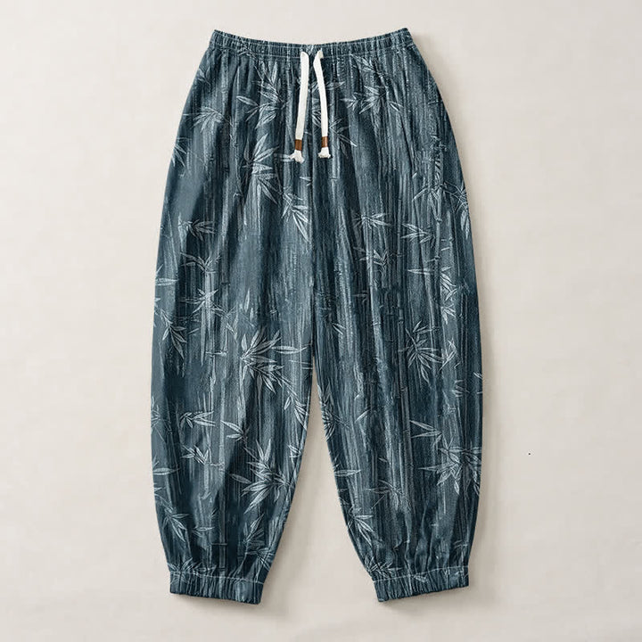 Buddha Stones Pantalones harem para hombre de algodón puro con estampado de bambú zen, cordón ajustable y bolsillos. - image 1