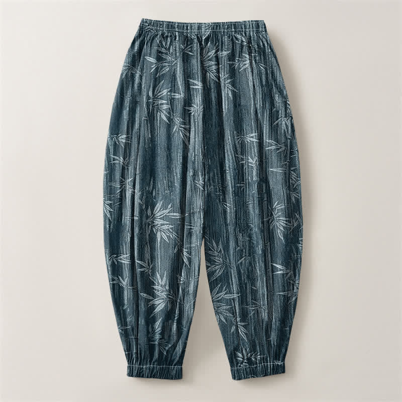 Buddha Stones Pantalones harem para hombre de algodón puro con estampado de bambú zen, cordón ajustable y bolsillos. - image 2
