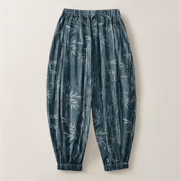 Buddha Stones Pantalones harem para hombre de algodón puro con estampado de bambú zen, cordón ajustable y bolsillos. - image 2