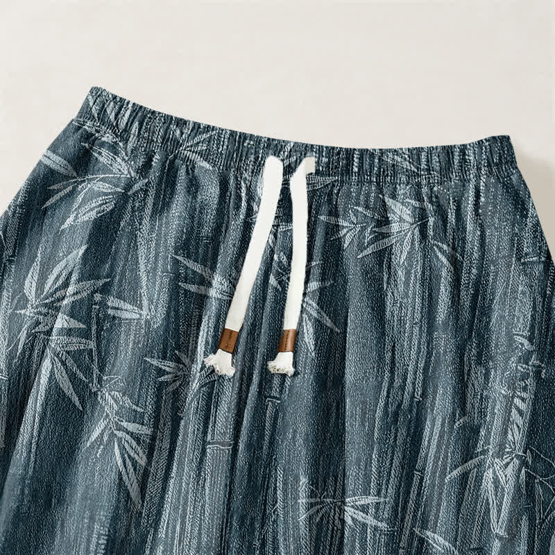 Buddha Stones Pantalones harem para hombre de algodón puro con estampado de bambú zen, cordón ajustable y bolsillos. - image 3