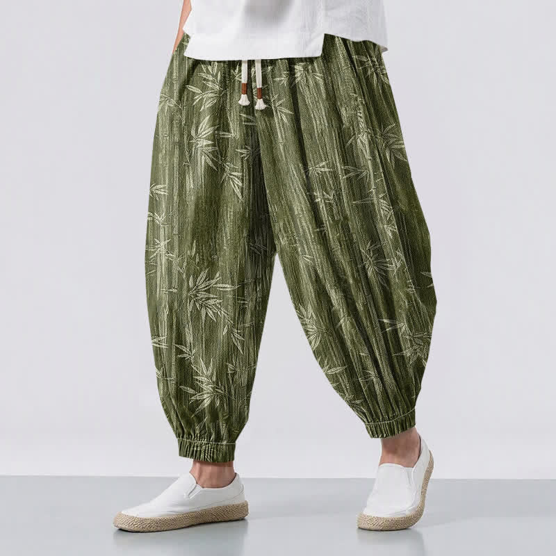 Buddha Stones Pantalones harem para hombre de algodón puro con estampado de bambú zen, cordón ajustable y bolsillos. - Verde oliva oscuro - US/UK/AU50, EU60 (5XL) - image 6