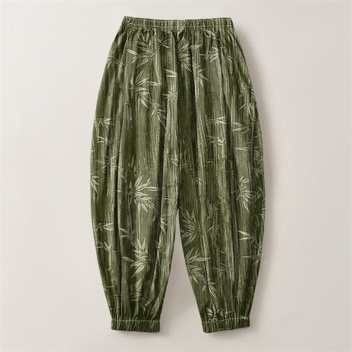 Buddha Stones Pantalones harem para hombre de algodón puro con estampado de bambú zen, cordón ajustable y bolsillos. - image 8