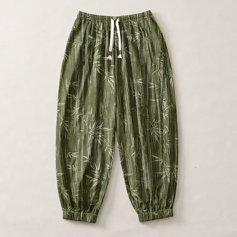 Buddha Stones Pantalones harem para hombre de algodón puro con estampado de bambú zen, cordón ajustable y bolsillos. - image 7