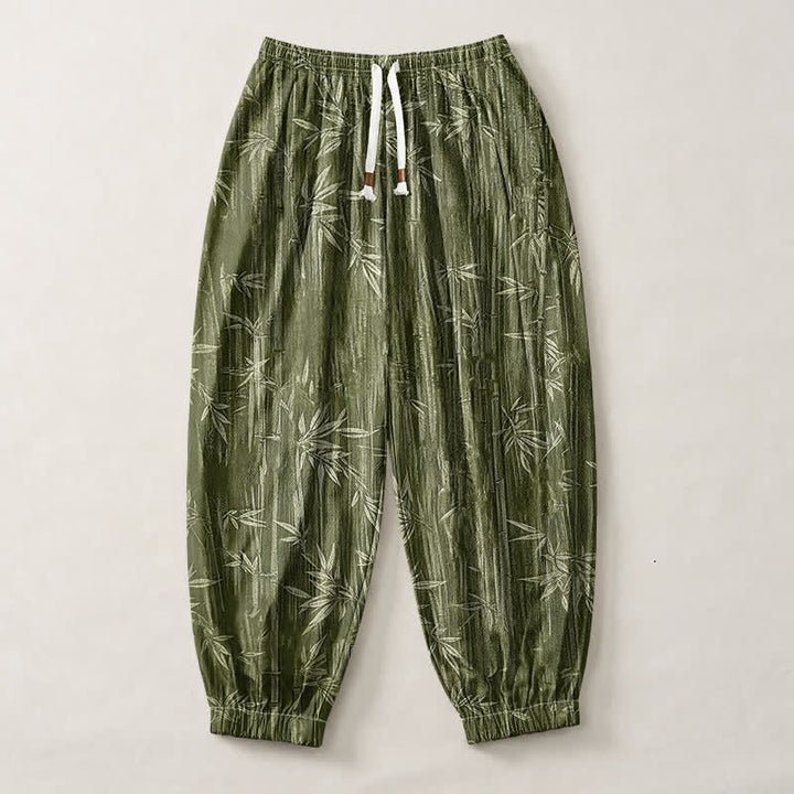 Buddha Stones Pantalones harem para hombre de algodón puro con estampado de bambú zen, cordón ajustable y bolsillos. - image 7