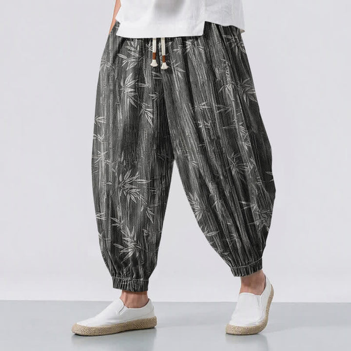 Buddha Stones Pantalones harem para hombre de algodón puro con estampado de bambú zen, cordón ajustable y bolsillos. - Negro - US/UK/AU50, EU60 (5XL) - image 12