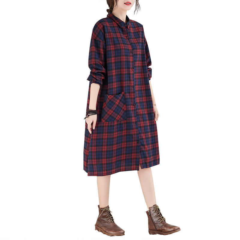 Buddha Stones Vestido de manga larga a cuadros estilo vintage informal de otoño para mujer con botones y bolsillo. - image 10