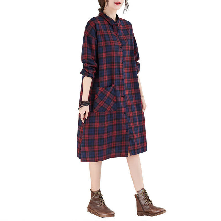 Buddha Stones Vestido de manga larga a cuadros estilo vintage informal de otoño para mujer con botones y bolsillo. - image 10
