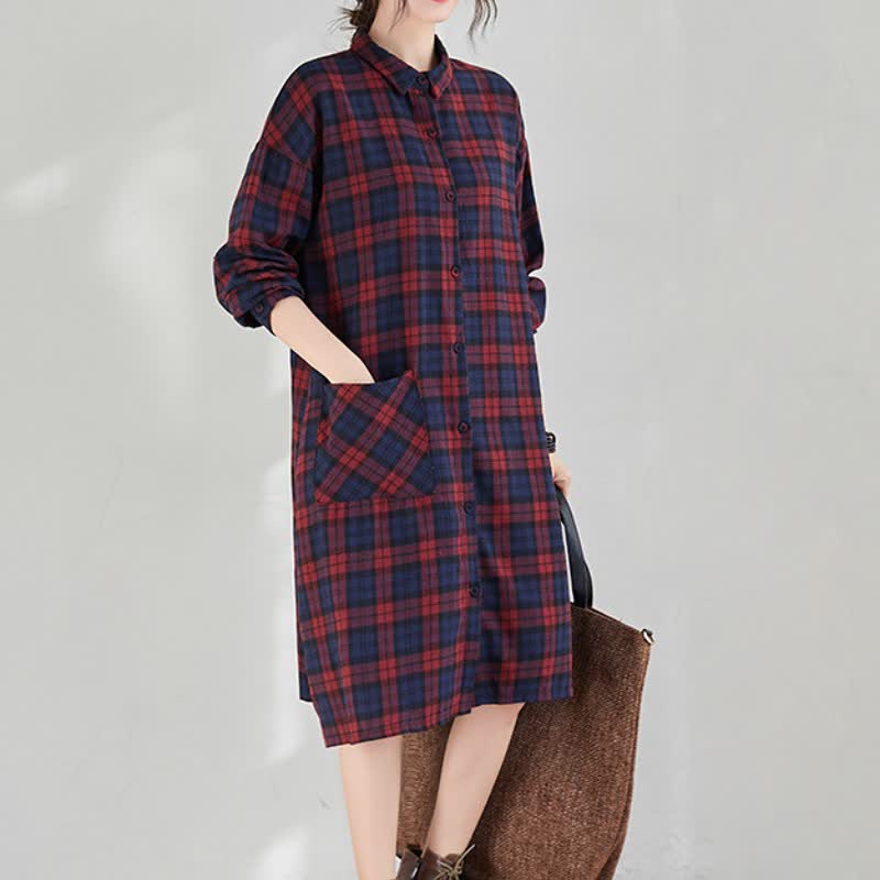 Buddha Stones Vestido de manga larga a cuadros estilo vintage informal de otoño para mujer con botones y bolsillo. - image 1
