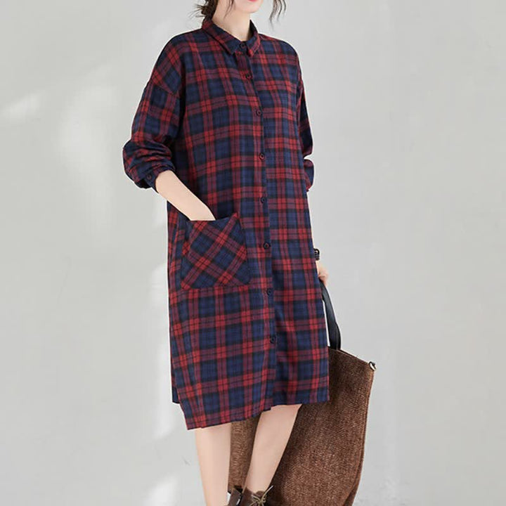 Buddha Stones Vestido de manga larga a cuadros estilo vintage informal de otoño para mujer con botones y bolsillo. - image 1