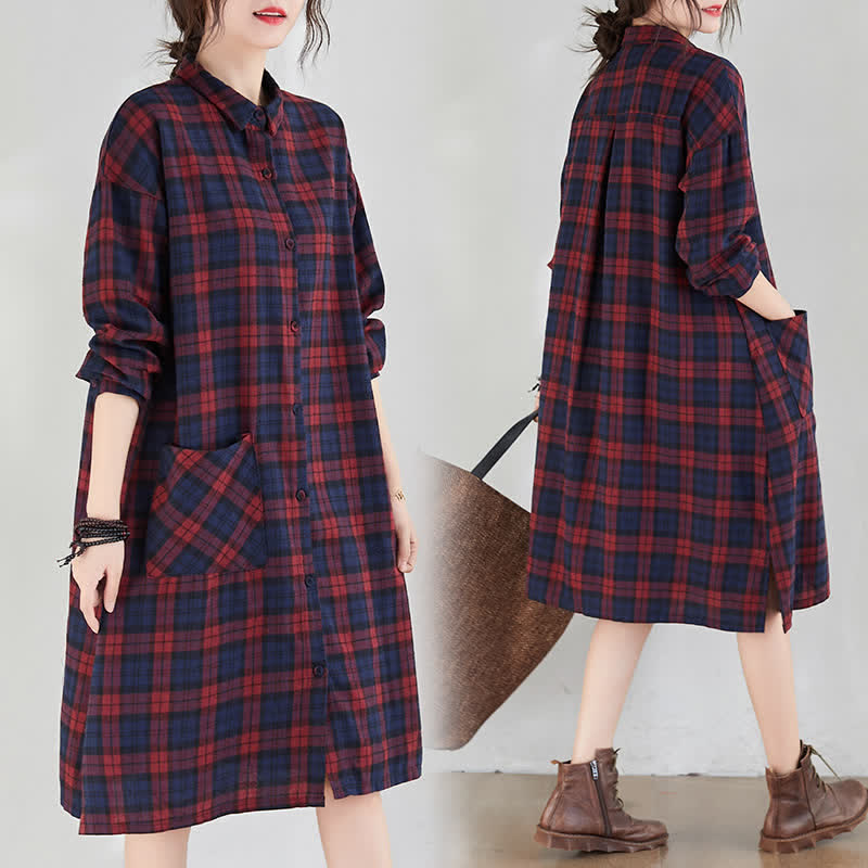 Buddha Stones Vestido de manga larga a cuadros estilo vintage informal de otoño para mujer con botones y bolsillo. - image 9