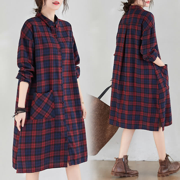 Buddha Stones Vestido de manga larga a cuadros estilo vintage informal de otoño para mujer con botones y bolsillo. - image 9