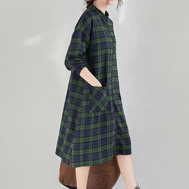 Buddha Stones Vestido de manga larga a cuadros estilo vintage informal de otoño para mujer con botones y bolsillo. - image 17
