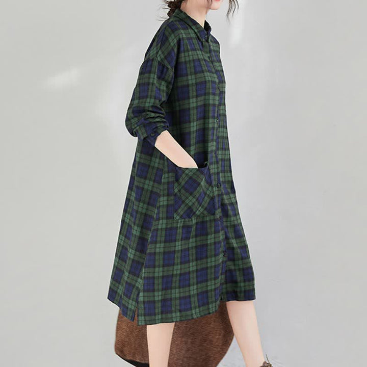Buddha Stones Vestido de manga larga a cuadros estilo vintage informal de otoño para mujer con botones y bolsillo. - image 17