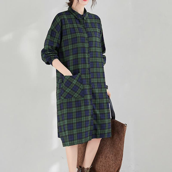 Buddha Stones Vestido de manga larga a cuadros estilo vintage informal de otoño para mujer con botones y bolsillo. - image 18