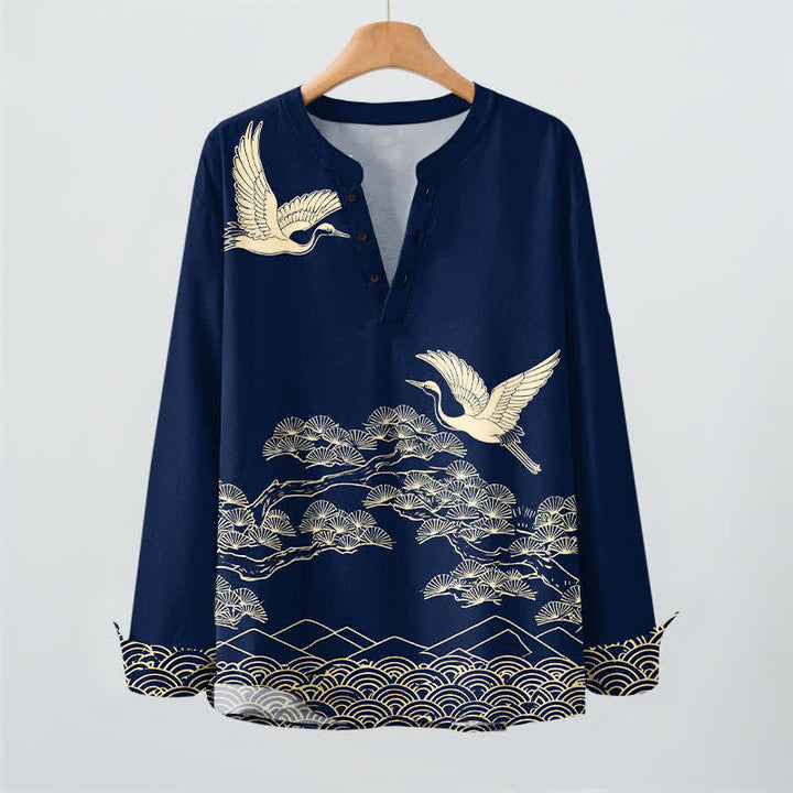 Buddha Stones Camisas de manga larga para hombre con cuello en V y botones, estampado de grullas voladoras y nubes, de algodón. - image 2