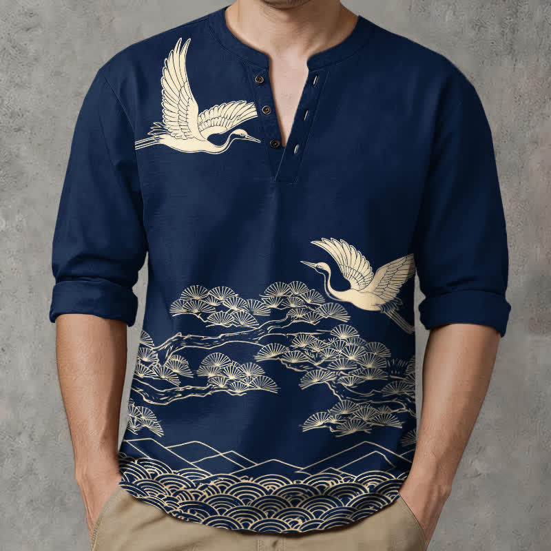 Buddha Stones Camisas de manga larga para hombre con cuello en V y botones, estampado de grullas voladoras y nubes, de algodón. - image 1