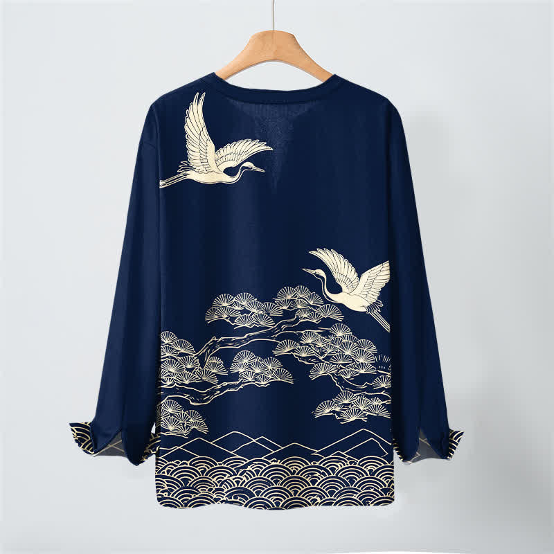 Buddha Stones Camisas de manga larga para hombre con cuello en V y botones, estampado de grullas voladoras y nubes, de algodón. - image 3