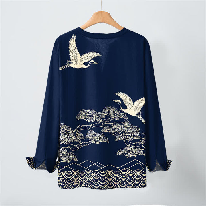 Buddha Stones Camisas de manga larga para hombre con cuello en V y botones, estampado de grullas voladoras y nubes, de algodón. - image 3