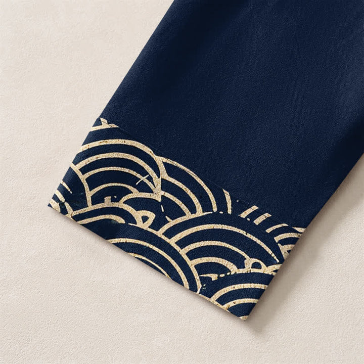 Buddha Stones Camisas de manga larga para hombre con cuello en V y botones, estampado de grullas voladoras y nubes, de algodón. - image 5