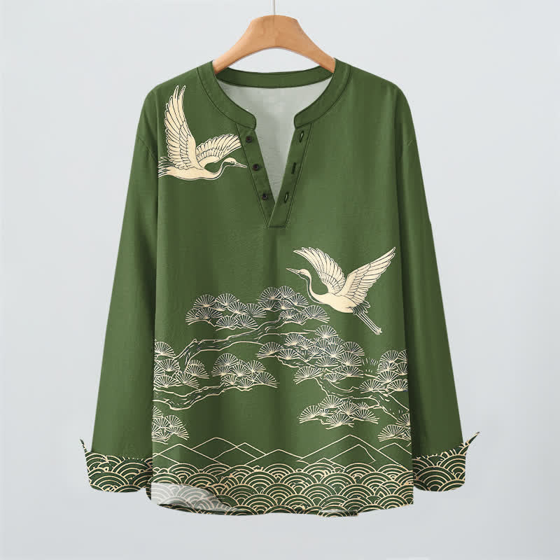 Buddha Stones Camisas de manga larga para hombre con cuello en V y botones, estampado de grullas voladoras y nubes, de algodón. - image 9