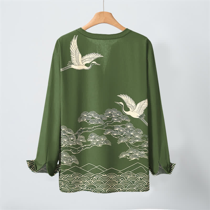 Buddha Stones Camisas de manga larga para hombre con cuello en V y botones, estampado de grullas voladoras y nubes, de algodón. - image 10