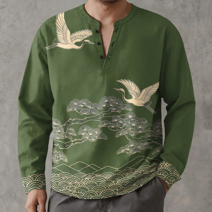 Buddha Stones Camisas de manga larga para hombre con cuello en V y botones, estampado de grullas voladoras y nubes, de algodón. - Verde oliva oscuro - US/UK/AU48, UE58 (4XL) - image 7