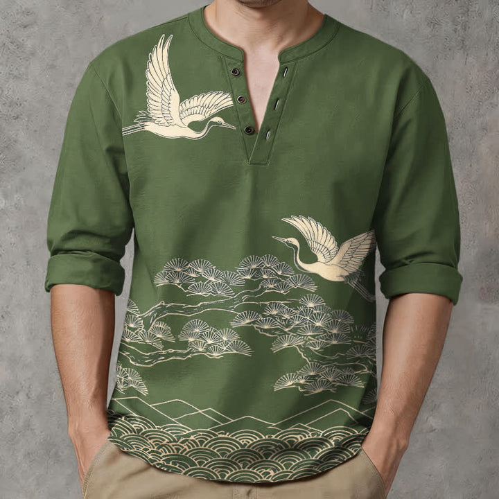 Buddha Stones Camisas de manga larga para hombre con cuello en V y botones, estampado de grullas voladoras y nubes, de algodón. - image 8
