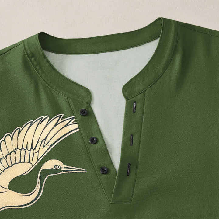 Buddha Stones Camisas de manga larga para hombre con cuello en V y botones, estampado de grullas voladoras y nubes, de algodón. - image 11