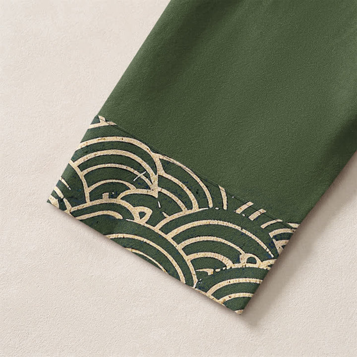 Buddha Stones Camisas de manga larga para hombre con cuello en V y botones, estampado de grullas voladoras y nubes, de algodón. - image 12