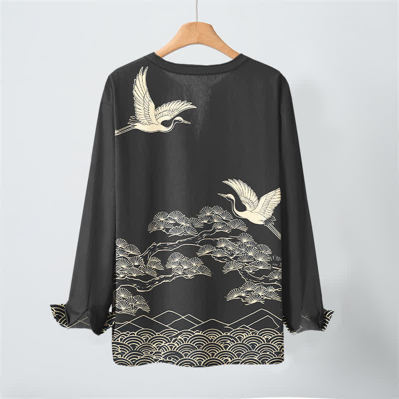 Buddha Stones Camisas de manga larga para hombre con cuello en V y botones, estampado de grullas voladoras y nubes, de algodón. - image 17