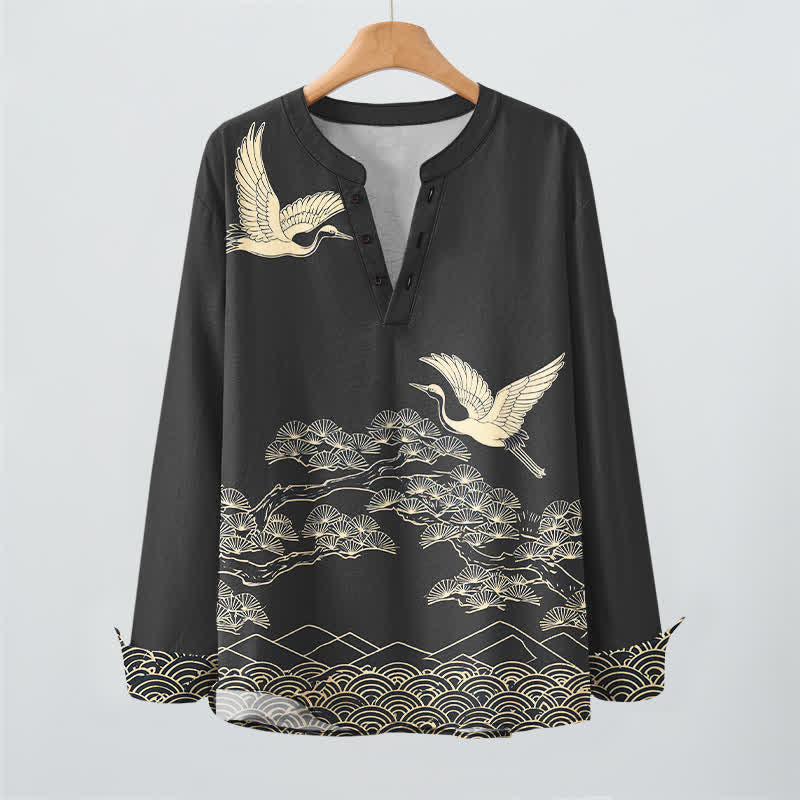 Buddha Stones Camisas de manga larga para hombre con cuello en V y botones, estampado de grullas voladoras y nubes, de algodón. - image 16