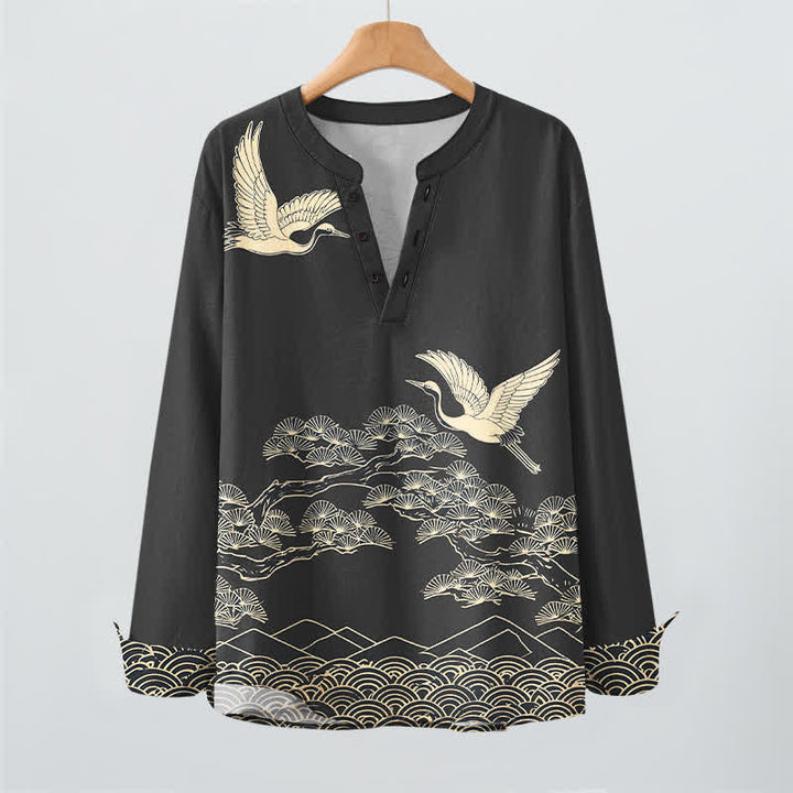 Buddha Stones Camisas de manga larga para hombre con cuello en V y botones, estampado de grullas voladoras y nubes, de algodón. - image 16