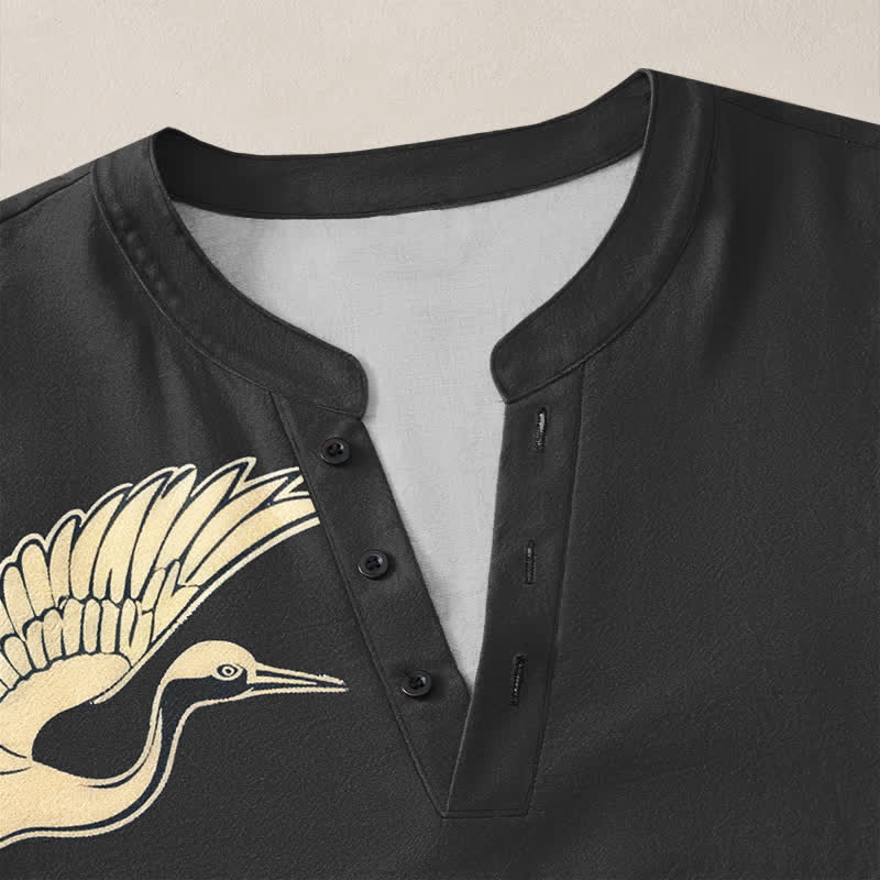 Buddha Stones Camisas de manga larga para hombre con cuello en V y botones, estampado de grullas voladoras y nubes, de algodón. - image 18