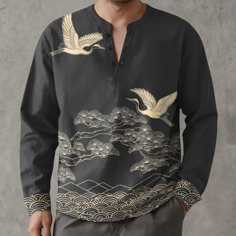Buddha Stones Camisas de manga larga para hombre con cuello en V y botones, estampado de grullas voladoras y nubes, de algodón. - Negro - US/UK/AU48, UE58 (4XL) - image 14