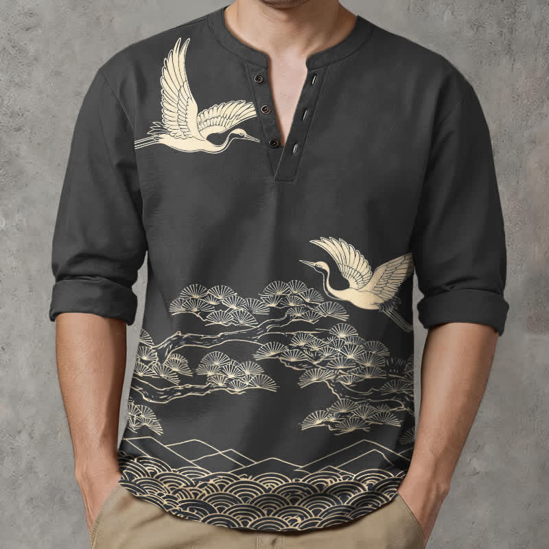 Buddha Stones Camisas de manga larga para hombre con cuello en V y botones, estampado de grullas voladoras y nubes, de algodón. - image 15