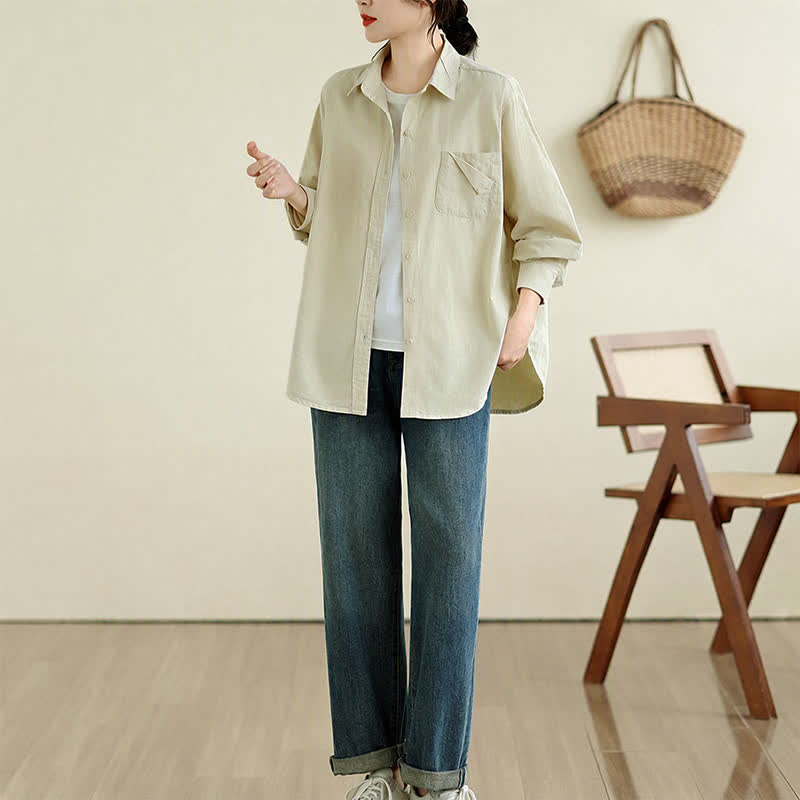Buddha Stones Chaqueta de mujer de algodón liso, estilo casual minimalista, con botones y bolsillo. - image 23