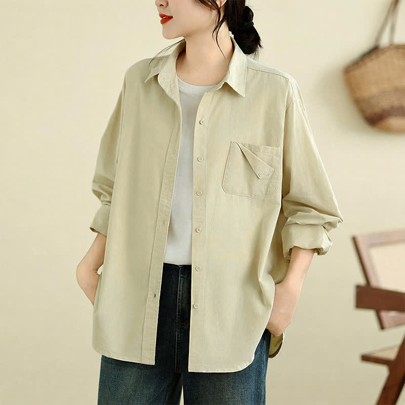 Buddha Stones Chaqueta de mujer de algodón liso, estilo casual minimalista, con botones y bolsillo. - image 19